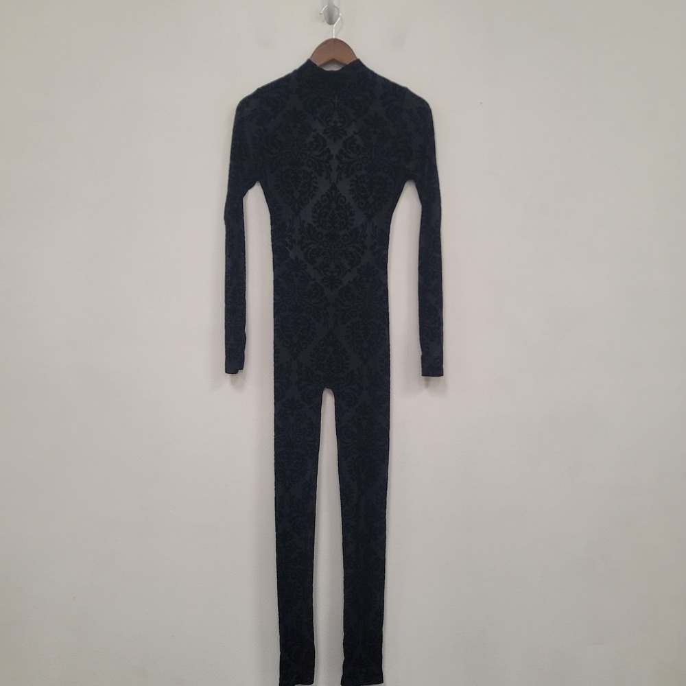 Meek Velvet Burnout Jumpsuit Size L Whimsigoth‎ Baddie Sheer Black Long Sleeve
